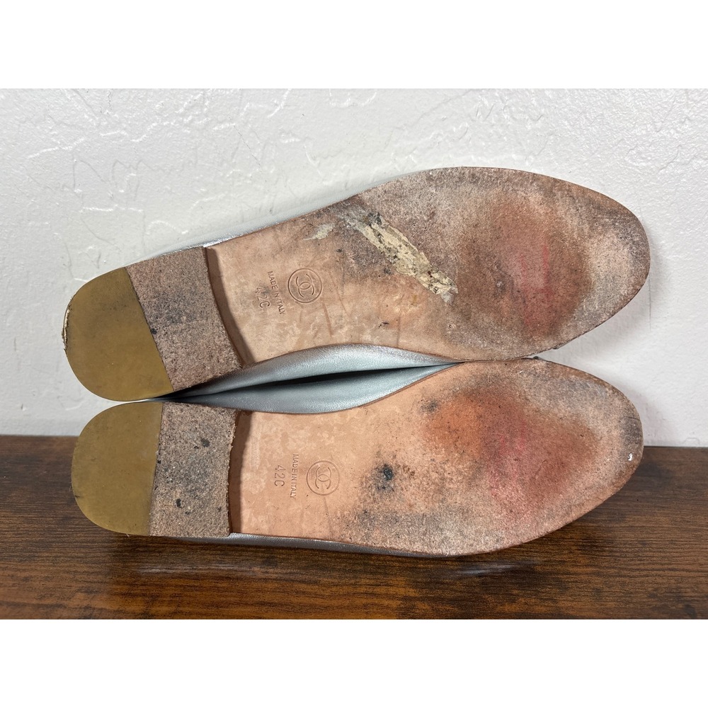 Chanel Silver Metallic Leather CC Logo Bow Ballet Flats Shoes Italy - Picture 10 of 11